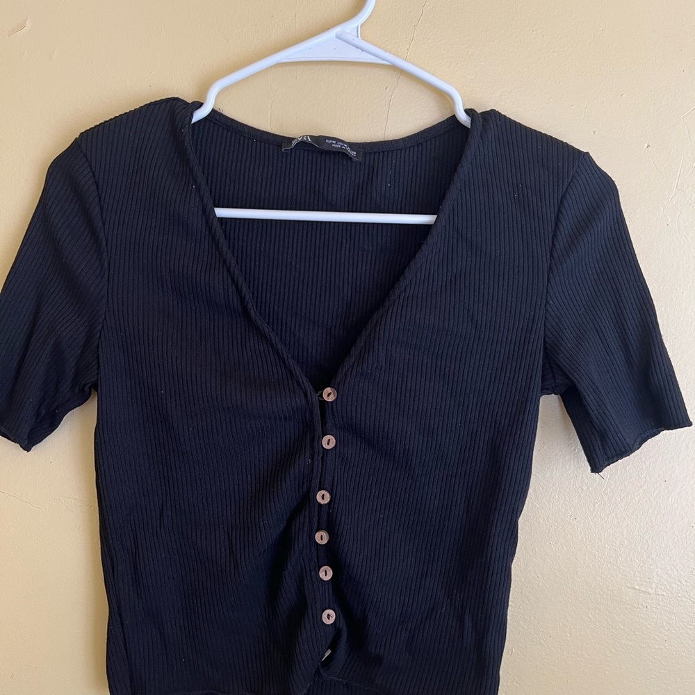 Zara Black Button-Up Ribbed Top/ sweater